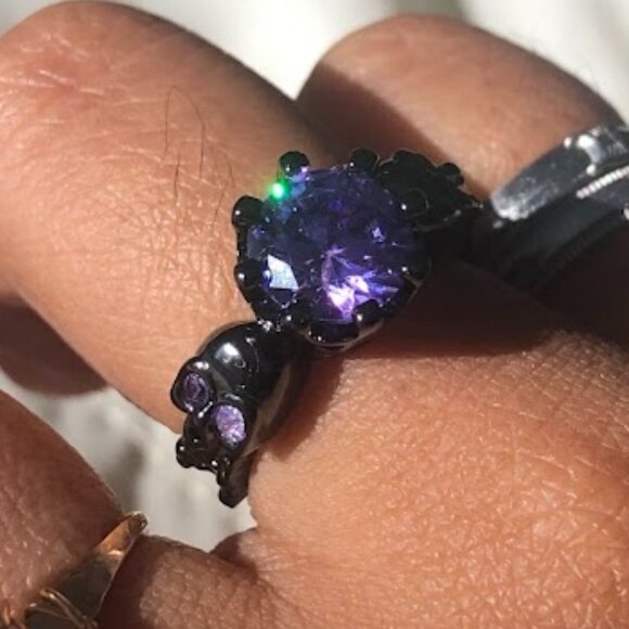 2PC Black Gold Plating Gothic Skull Rose Rings Crystal Amethyst Rhodolite - Picture 7 of 9